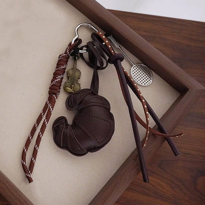 Croissant Leather Keychain – Novelty Bag Charm with Mini Charms