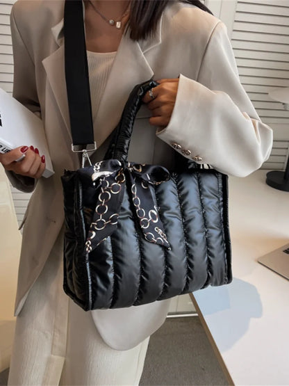 Quilted Women's Tote Bag with Silk Scarf Accent & Crossbody Strap