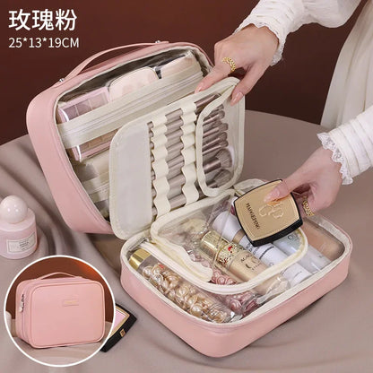 Large Capacity PU Leather Makeup Bag – Travel Cosmetic Case with Brush Holder