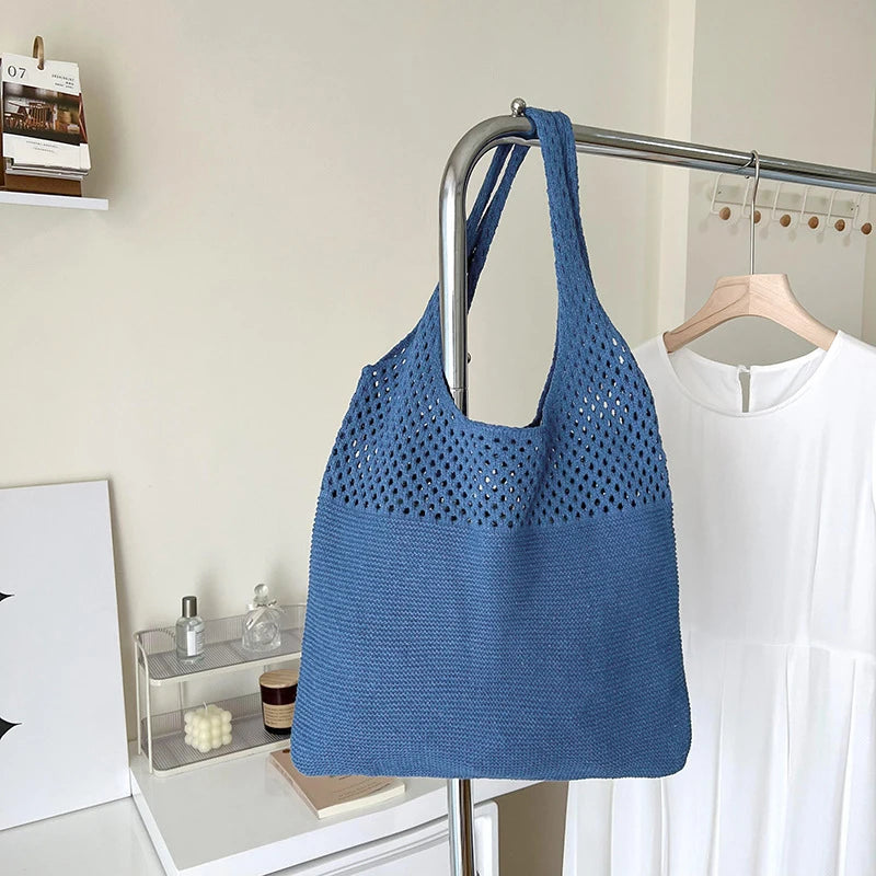 Hollow Knit Shoulder Tote Bag for Women – Large Capacity