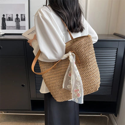 Straw Tote Bag for Women – Large Handwoven Shoulder Bag with Scarf