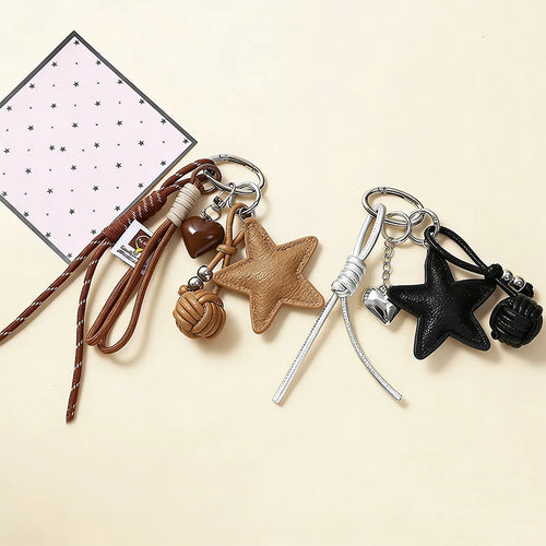 Star Leather Keychain Bag Charm – Cute Heart Pendant with Braided Tassel