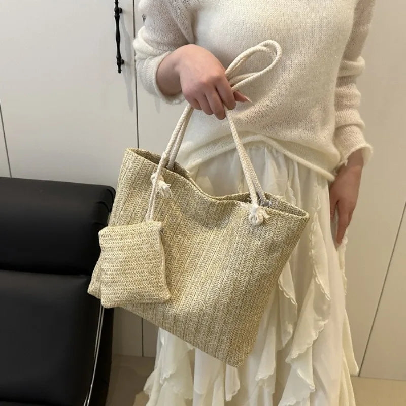Large Capacity Woven Straw Tote Bag – Retro Shoulder Handbag with Pouch