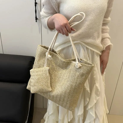 Large Capacity Woven Straw Tote Bag – Retro Shoulder Handbag with Pouch
