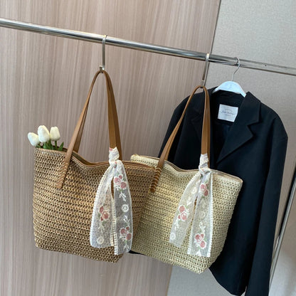 Straw Tote Bag for Women – Large Handwoven Shoulder Bag with Scarf