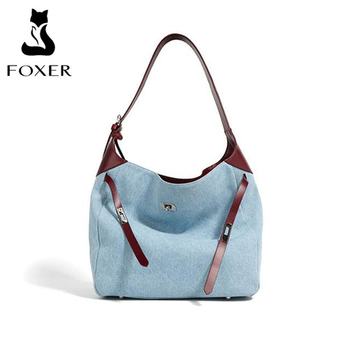 Foxer Women Denim Shoulder Bag Large Capacity Handbag Tote Hobo Lady