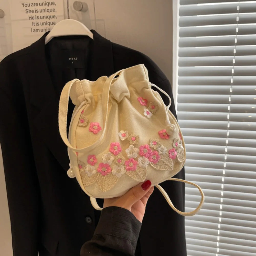 Floral Embroidery Drawstring Bucket Bag – Chinese Crossbody Handbag