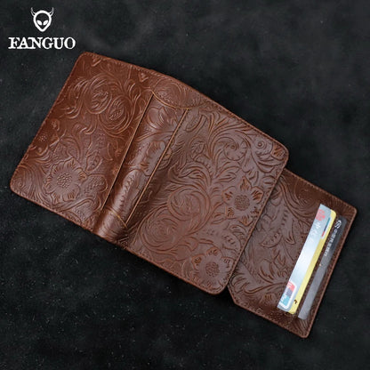 RFID Genuine Leather Men's Short Wallet – Floral Embossed Bifold