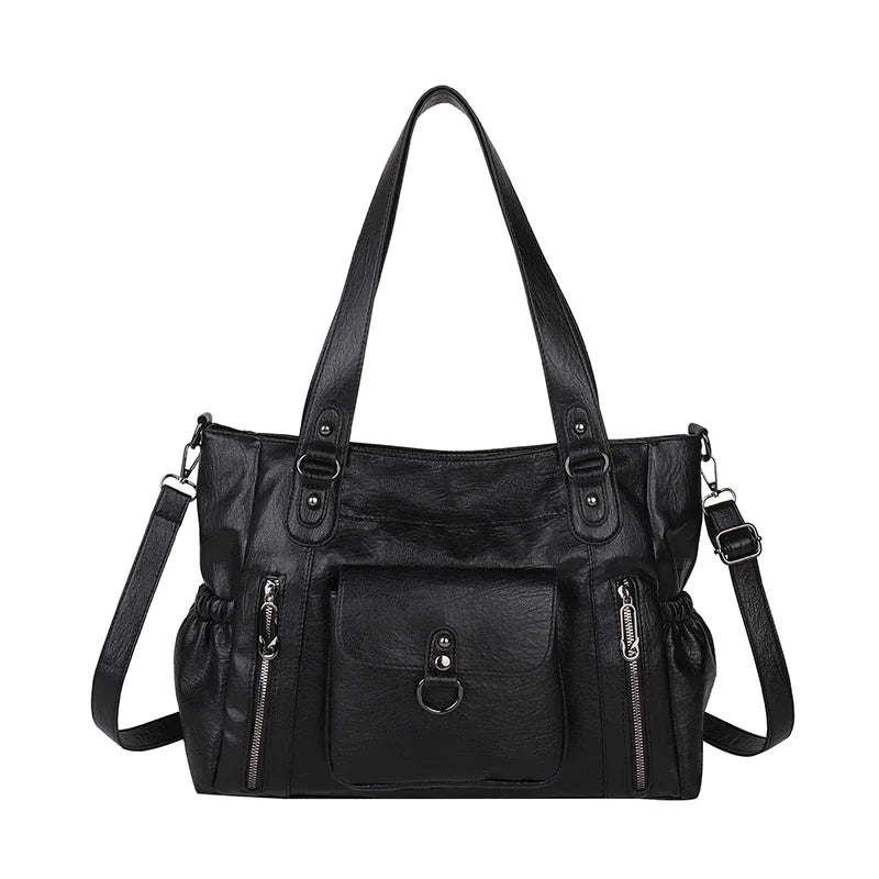 Large Capacity Leather Shoulder Bag with Zipper Pockets