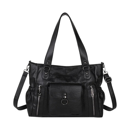Large Capacity Leather Shoulder Bag with Zipper Pockets