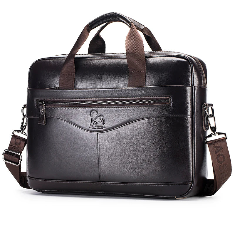 Genuine Leather Briefcase for Men – 14" Laptop Bag, Large Capacity