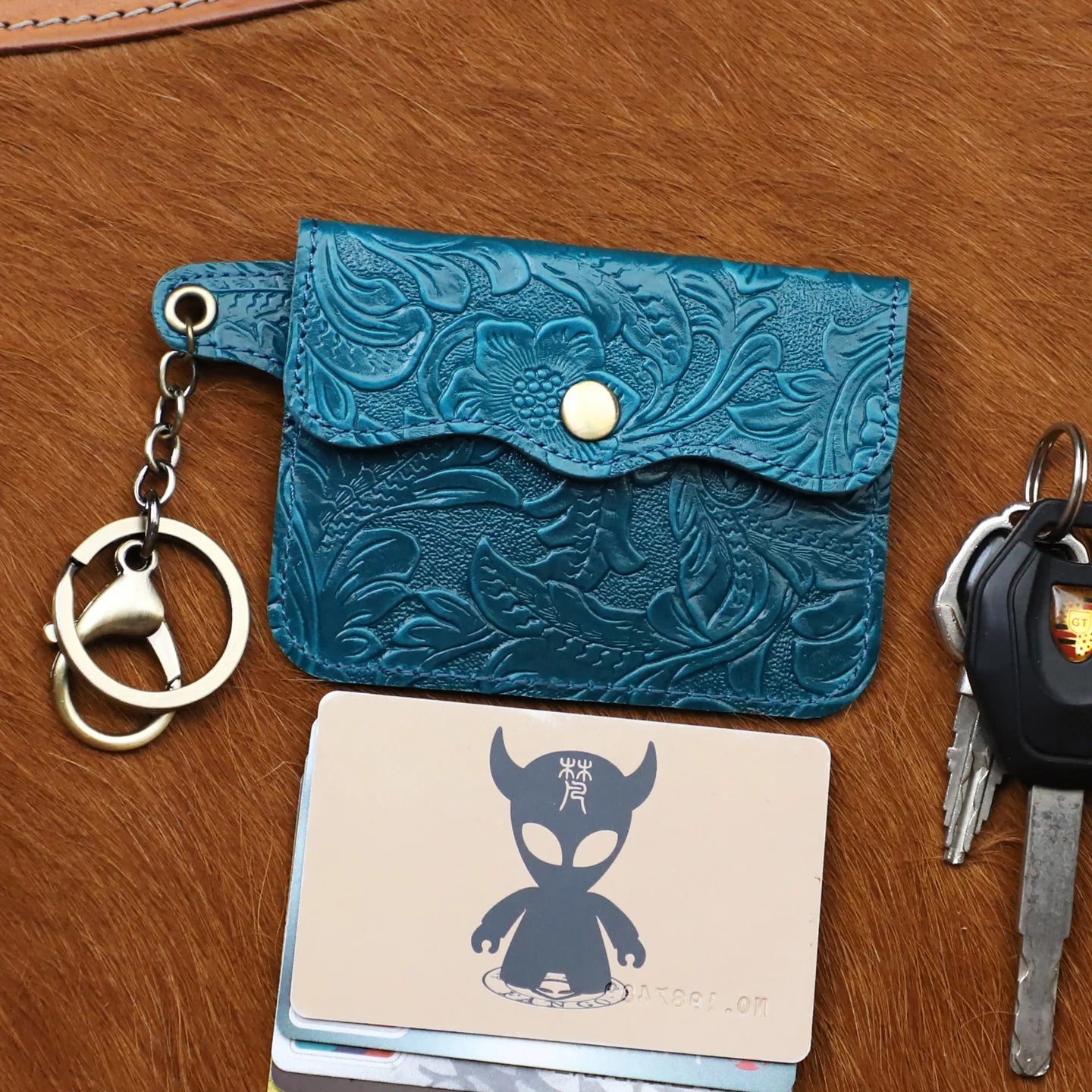 Genuine Leather Coin Purse & Card Holder Wallet with Keyring – Floral Embossed