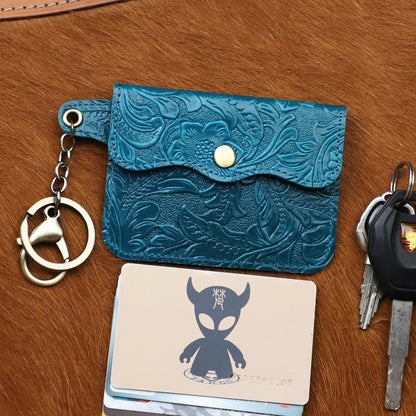 Genuine Leather Coin Purse & Card Holder Wallet with Keyring – Floral Embossed