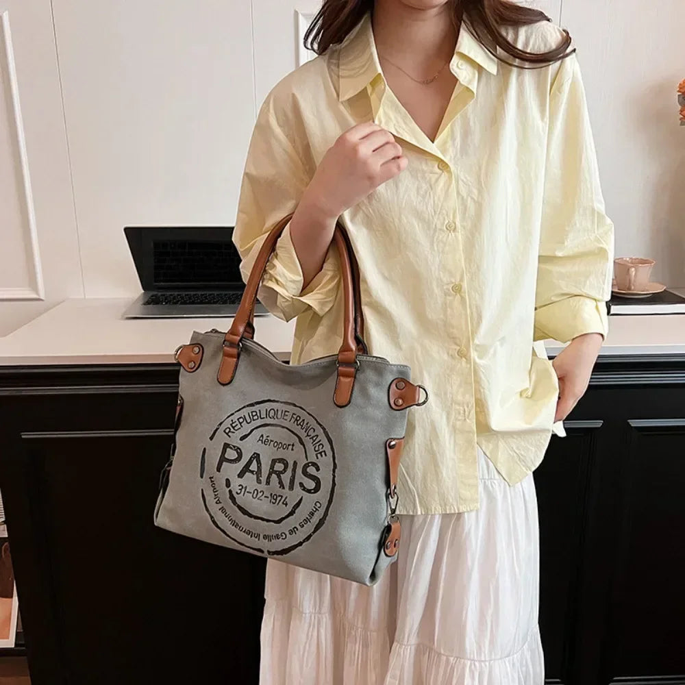 Vintage Paris Canvas Tote Bag – Large Crossbody Shoulder Bag