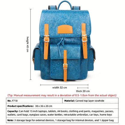 Genuine Leather Men's Backpack – Vintage Floral Embossed Laptop Bag