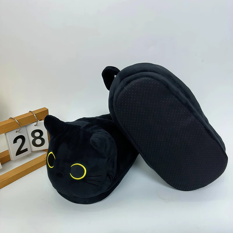 Black Cat Plush Slippers – Funny Warm Indoor House Shoes