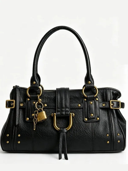 Retro Rivet Shoulder Bag with Padlock & Large Capacity