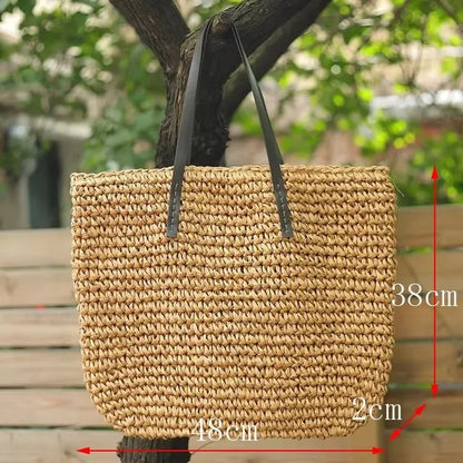 Handmade Straw Woven Round Beach Tote Bag