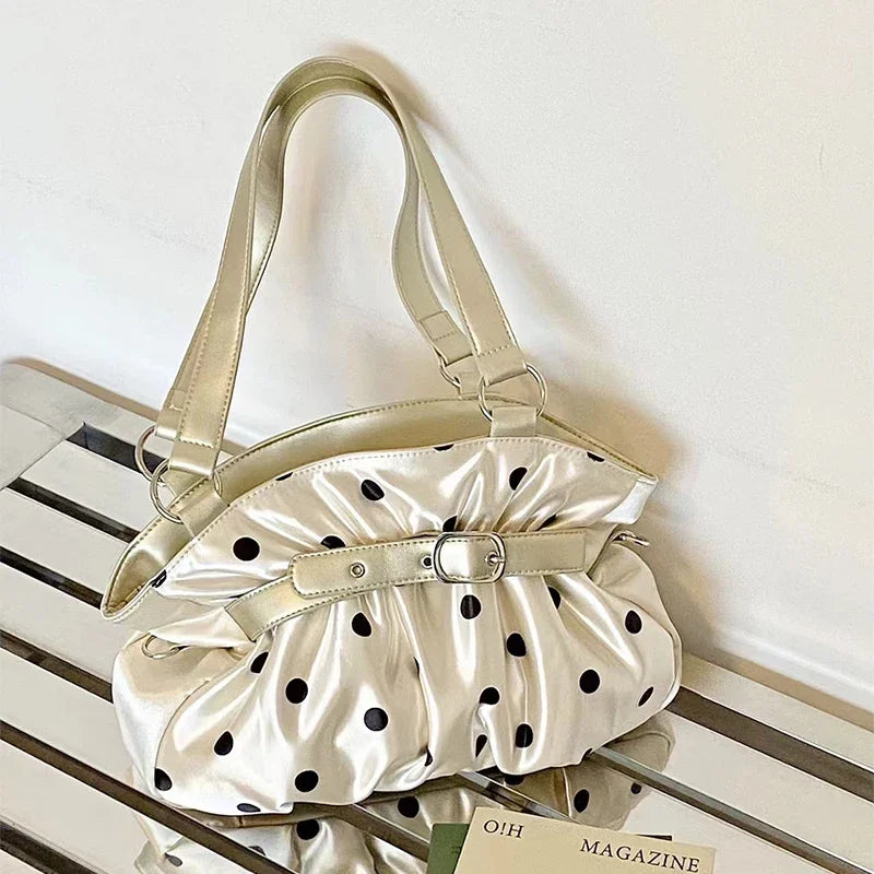 Y2K Polka Dot Shoulder Bag – Retro Satin Tote Handbag