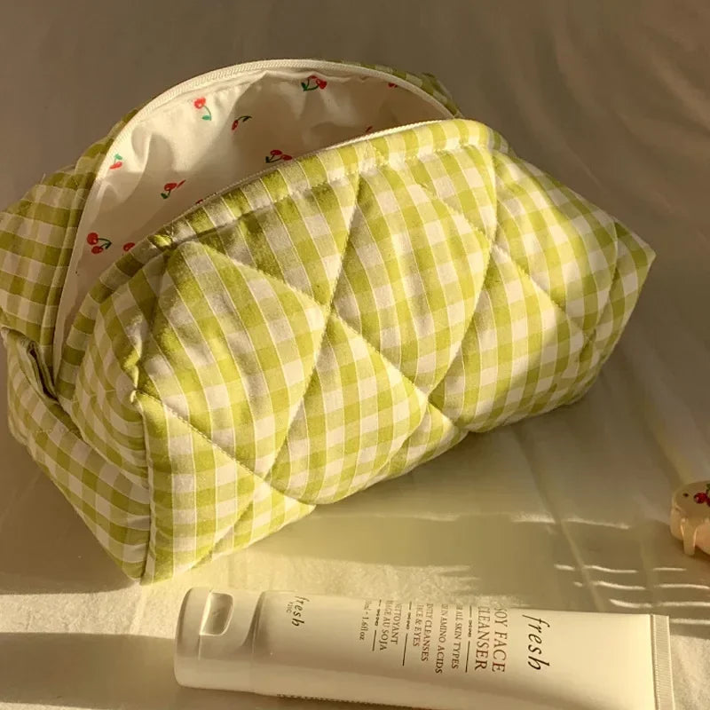 Checkered Floral Makeup Bag Large Capacity Portable Cosmetic Storage Cotton Quilted Wash Skincare