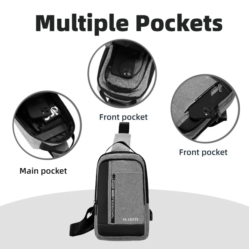 Men's Sling Chest Bag with USB Charging Port – Casual Oxford