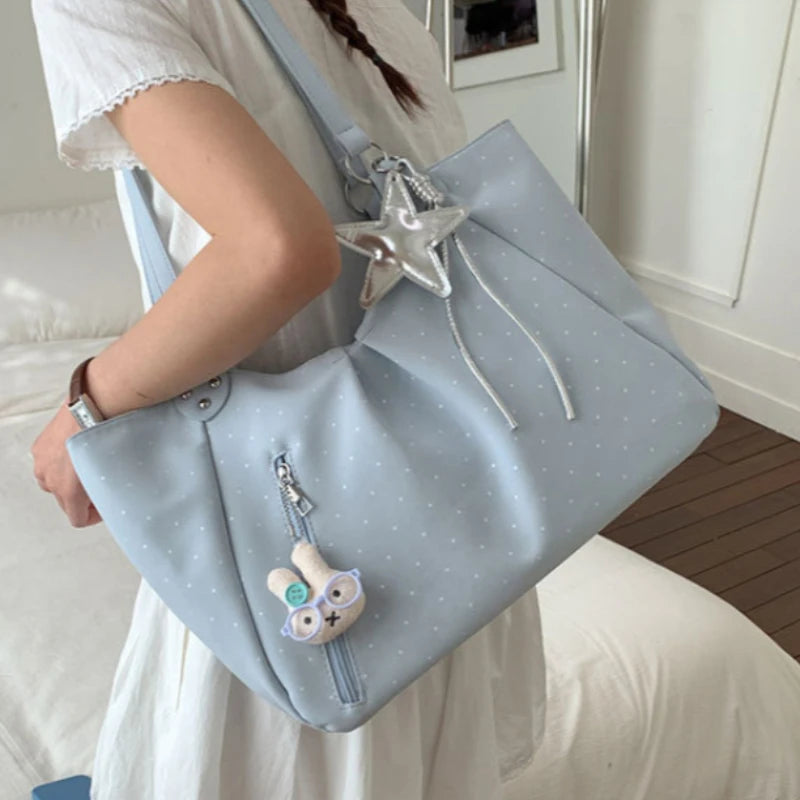 Polka Dot Tote Bag – Large Capacity Shoulder Bag with Zipper & Charm