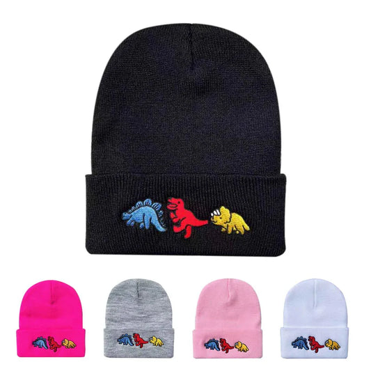 Dinosaur Embroidery Beanie Hat – Warm Knit Cap for Men & Women