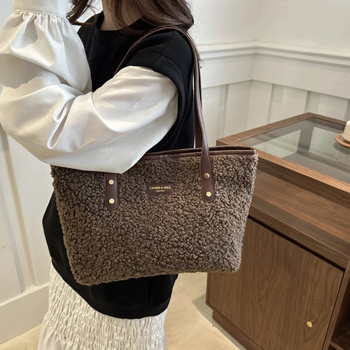 Lamb Wool Tote Bag – Women's Plush Shoulder Handbag