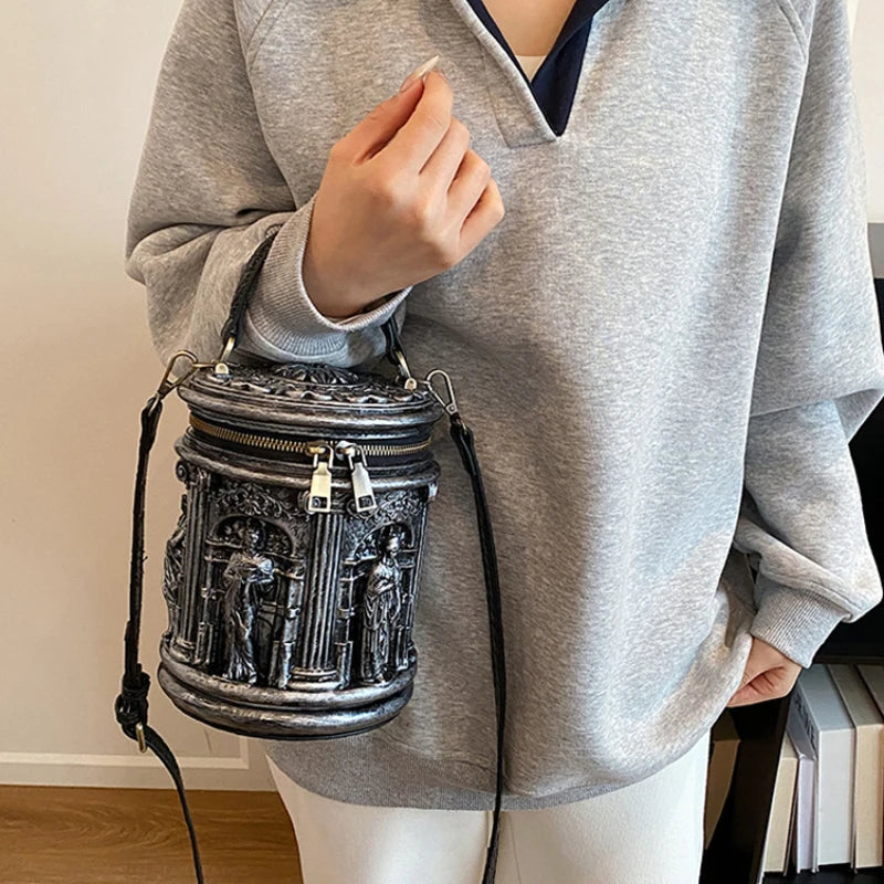 3D Embossed Baroque Bucket Bag – Sculptural Cylinder Handbag