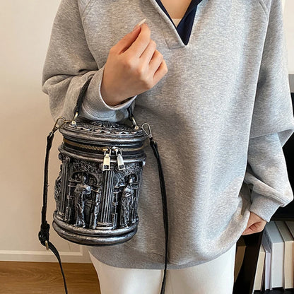3D Embossed Baroque Bucket Bag – Sculptural Cylinder Handbag