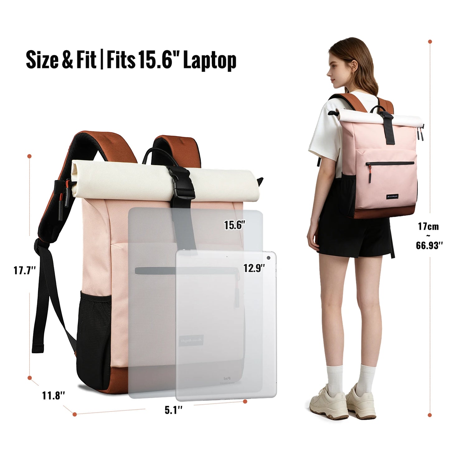 Women's Expandable Laptop Backpack – 15.6" Roll-Top School Bag