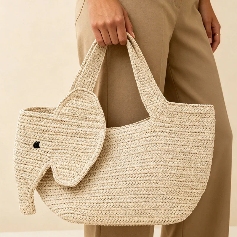 Elephant Woven Straw Tote Bag – Women's Handcrafted Summer Shoulder Bag