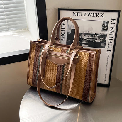 Moods Classic Striped Shoulder Tote Bags Women Large Capacity Shopping Top-Handle Bag Luxury