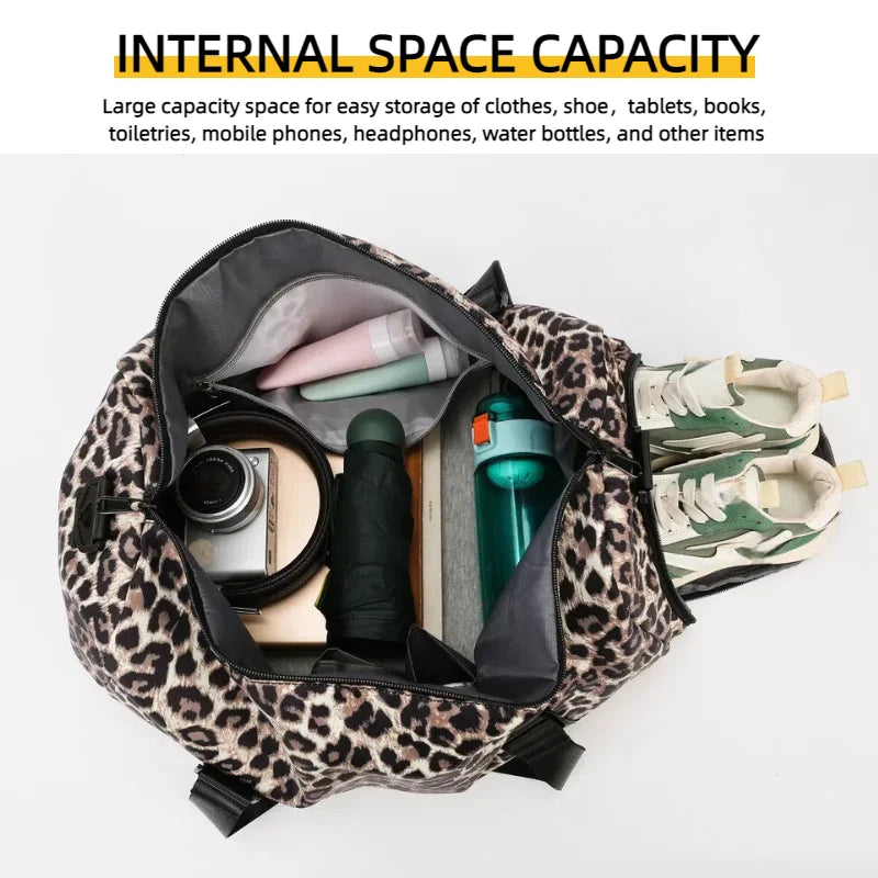 Leopard Print Women's Gym Travel Tote Bag with Shoe Compartment