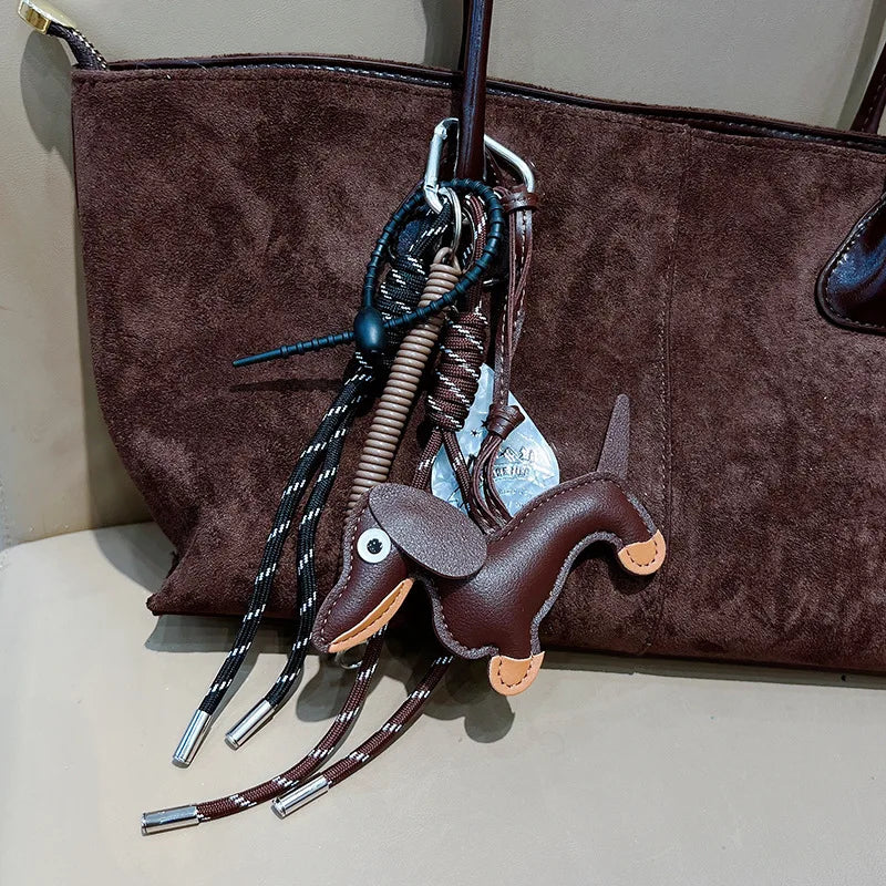 Dachshund PU Leather Keychain Bag Charm with Braided Tassel