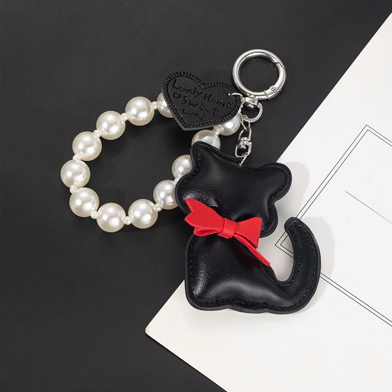Cute Cat Leather Keychain with Pearl Bracelet & Bow