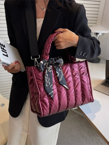 Quilted Women's Tote Bag with Silk Scarf Accent & Crossbody Strap