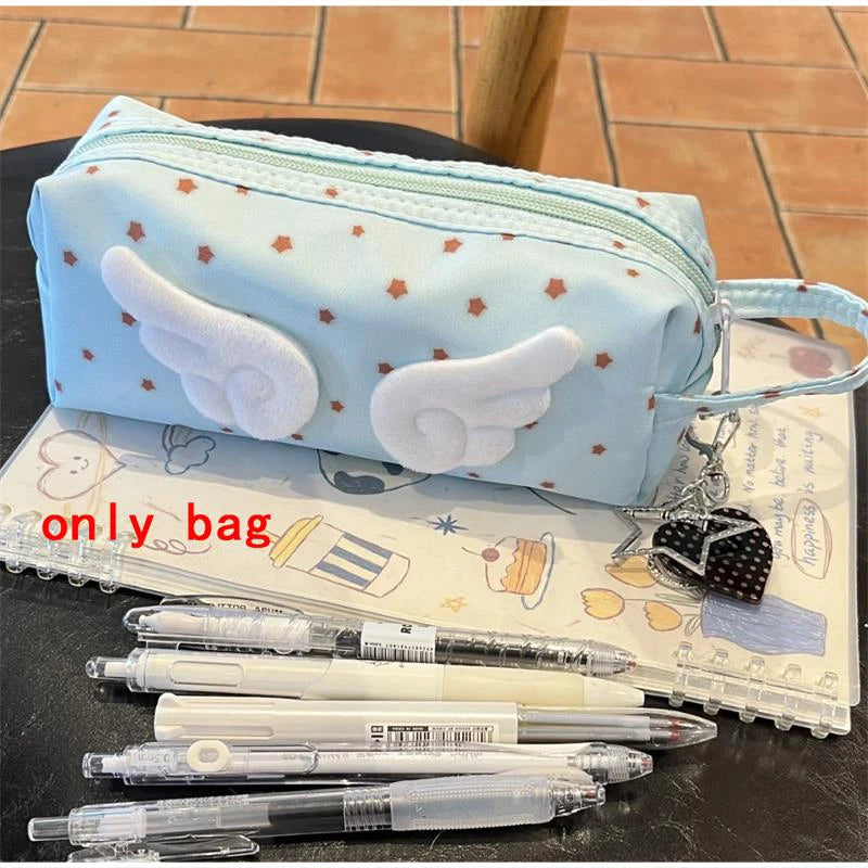 Cute 3d Wing Star Pencil Case Large Capacity Student Pen Bag Kawaii Canvas Stationery Storage