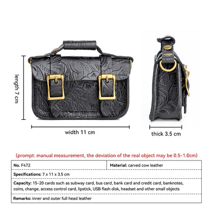 Genuine Leather Mini Crossbody Bag – Floral Embossed Satchel for Women