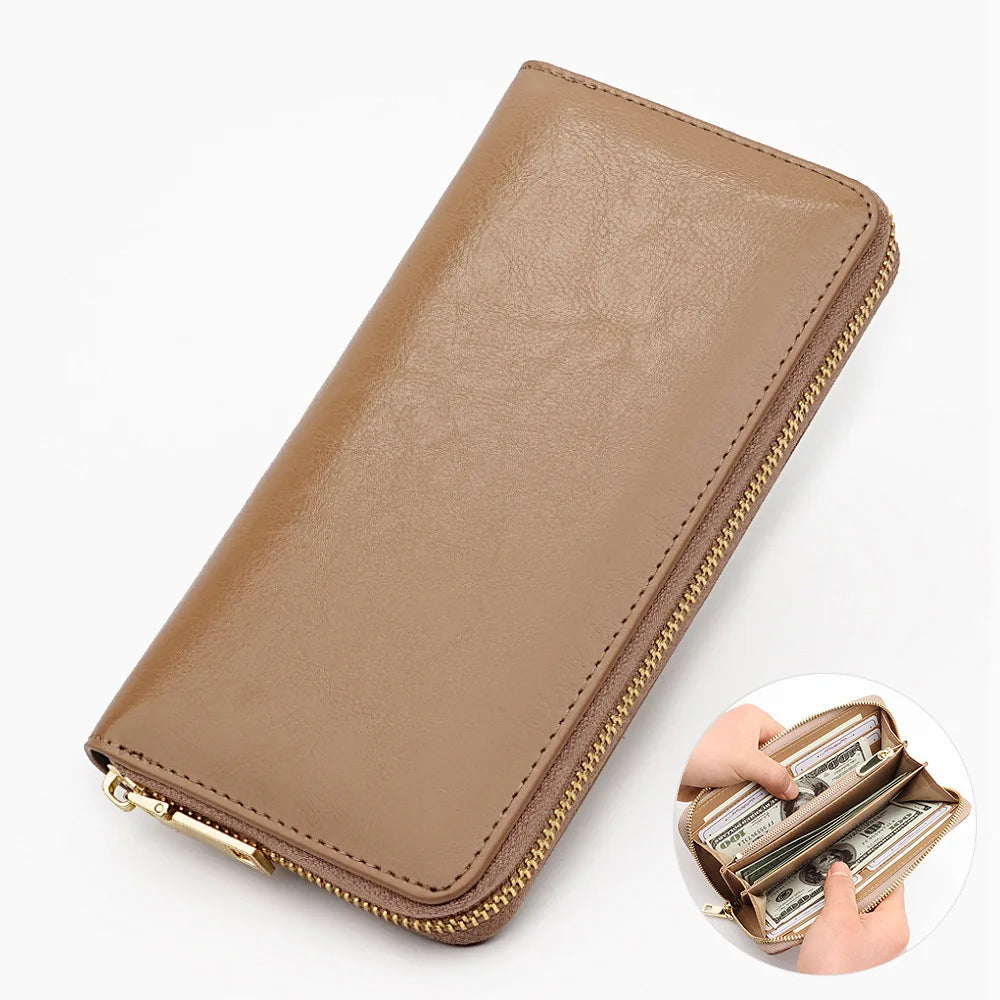 Women's Waxed Cowhide Long Zip-Around Clutch Wallet