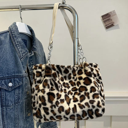 Leopard Print Fluffy Shoulder Bag – Large Capacity Chain Tote