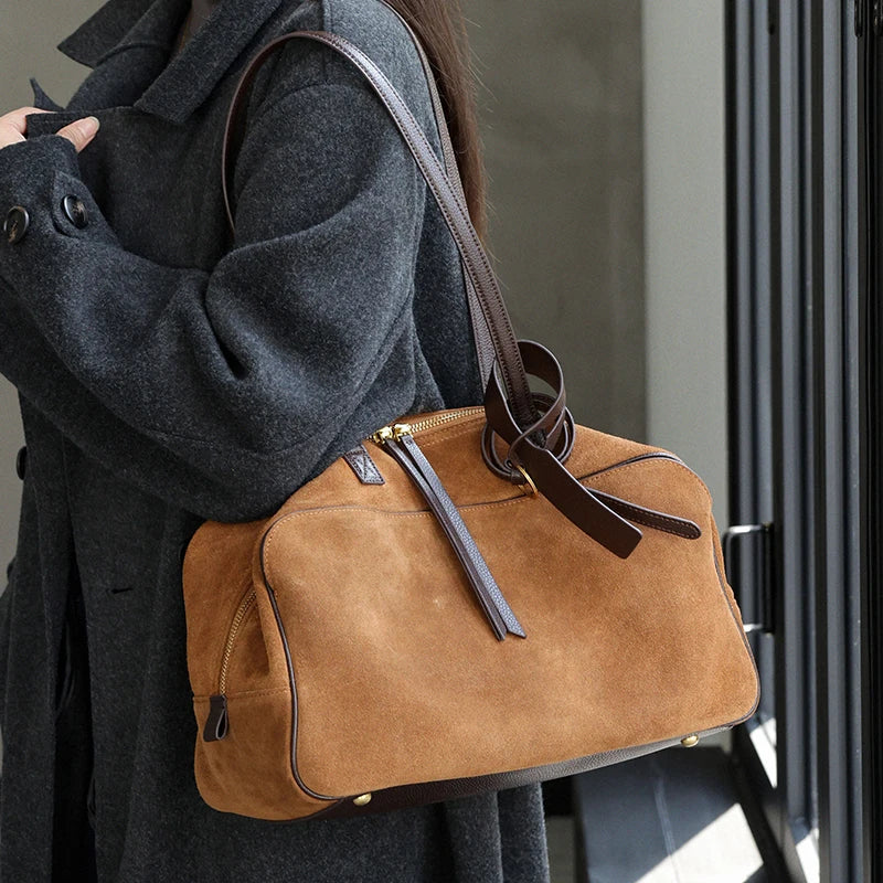 Genuine Suede Leather Tote Bag – Large Capacity Cowhide Shoulder Handbag