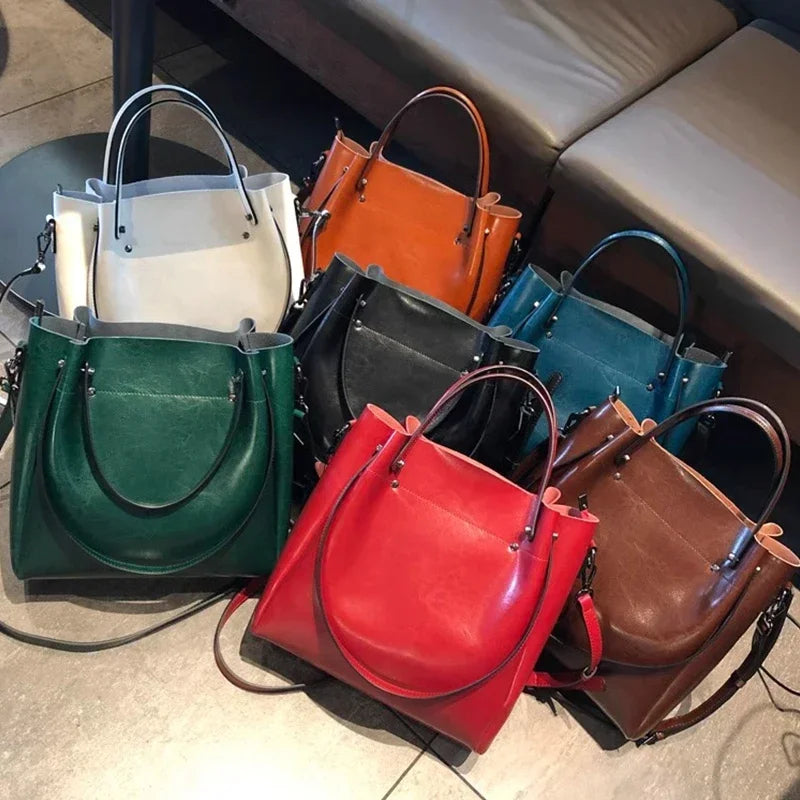Genuine Leather Tote Bag for Women – Large Capacity Oil Wax Shoulder Bag