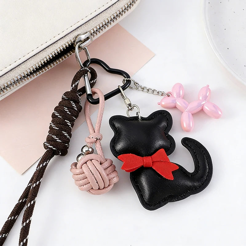 PU Leather Heart Bow Keychain with Balloon Dog Charm