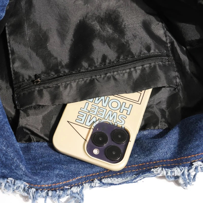 Denim Tote Bag – Frayed Edge Bow Embroidery Shoulder Handbag