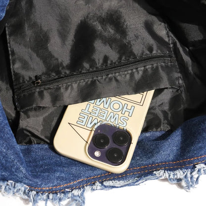 Denim Tote Bag – Frayed Edge Bow Embroidery Shoulder Handbag