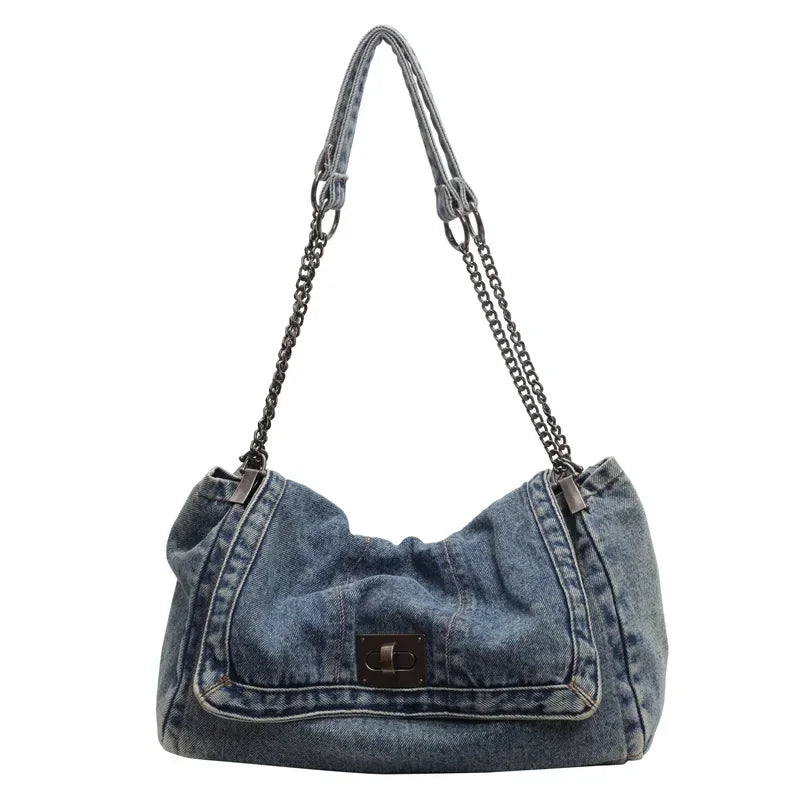Denim Chain Shoulder Bag for Women – Large Capacity Retro Hobo