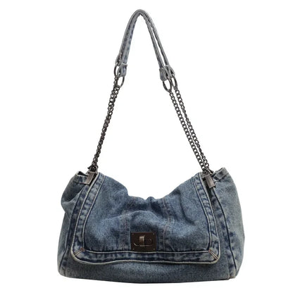 Denim Chain Shoulder Bag for Women – Large Capacity Retro Hobo