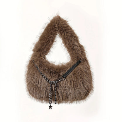 Fluffy Plush Shoulder Bag - Luxury Metal Chain Handbag for Women