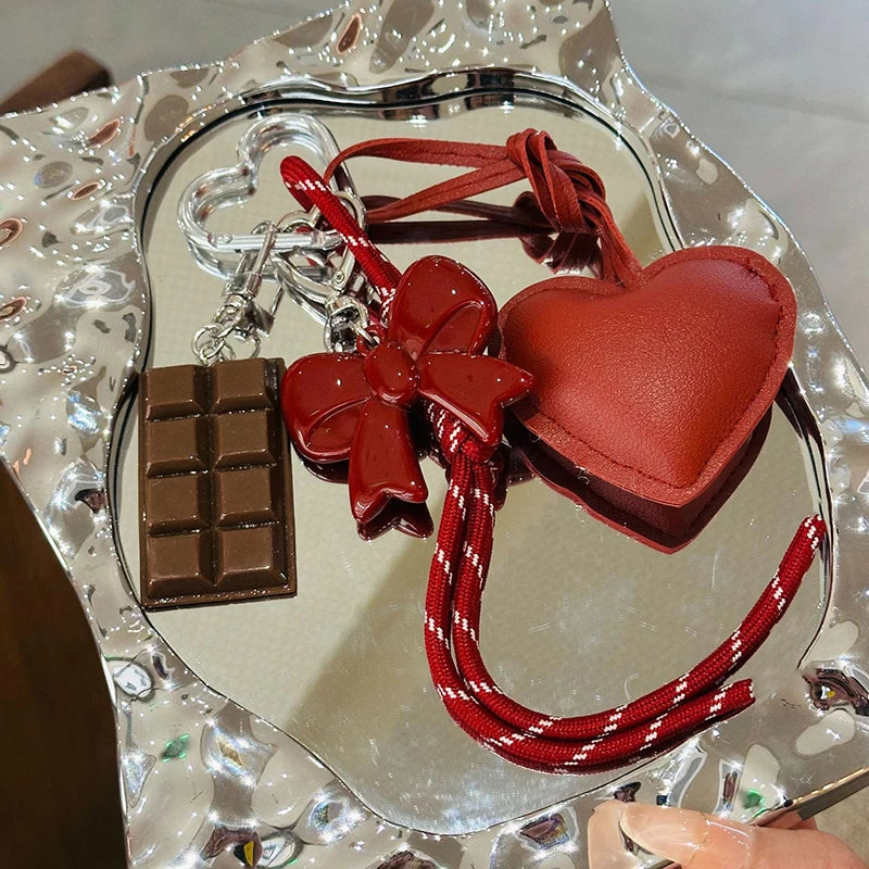 PU Leather Heart & Bow Keychain with Woven Rope Tassel